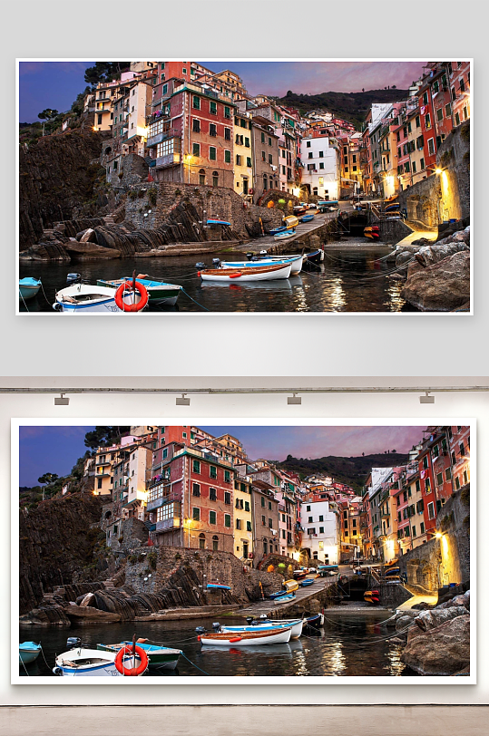 黄昏海滨彩色建筑与船只-众图网