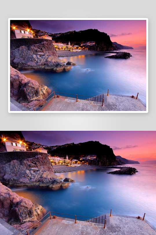 黄昏海滨悬崖小镇风光-众图网