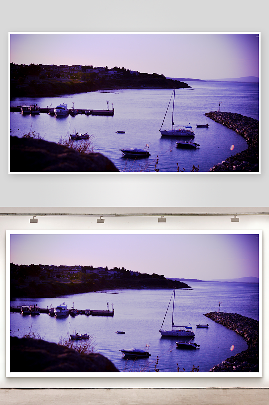 黄昏海滨码头船只静泊-众图网