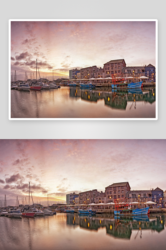 黄昏渔港船只与建筑倒影-众图网