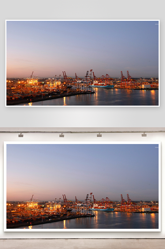 黄昏港口货轮与起重机夜景-众图网