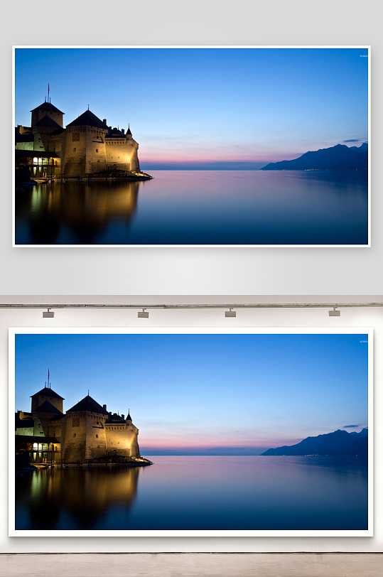 黄昏湖畔古堡倒影-众图网