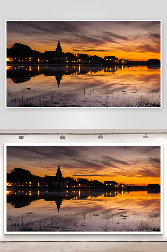 黄昏湖畔教堂倒影-众图网