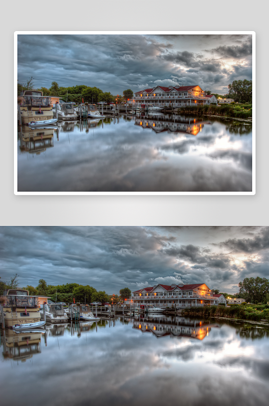 黄昏码头建筑与船只倒影-众图网