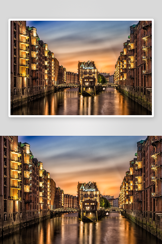 黄昏运河两岸建筑风光-众图网