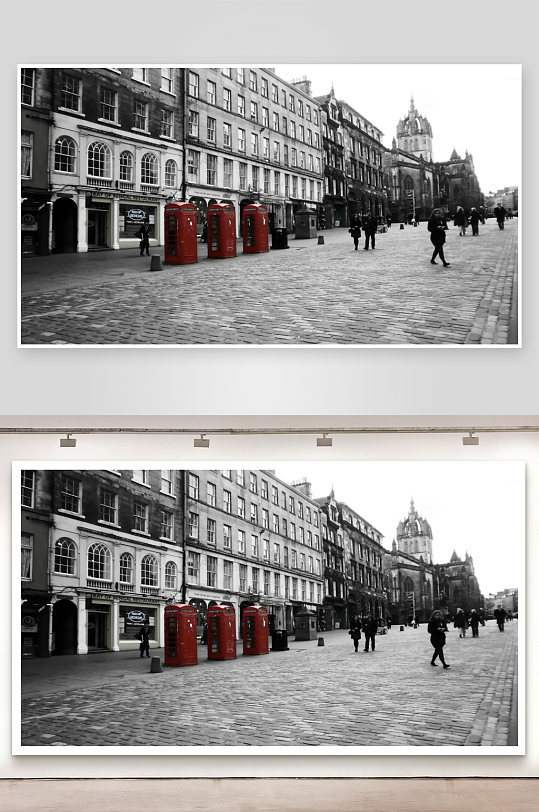 黑白街景行人与红色电话亭-众图网