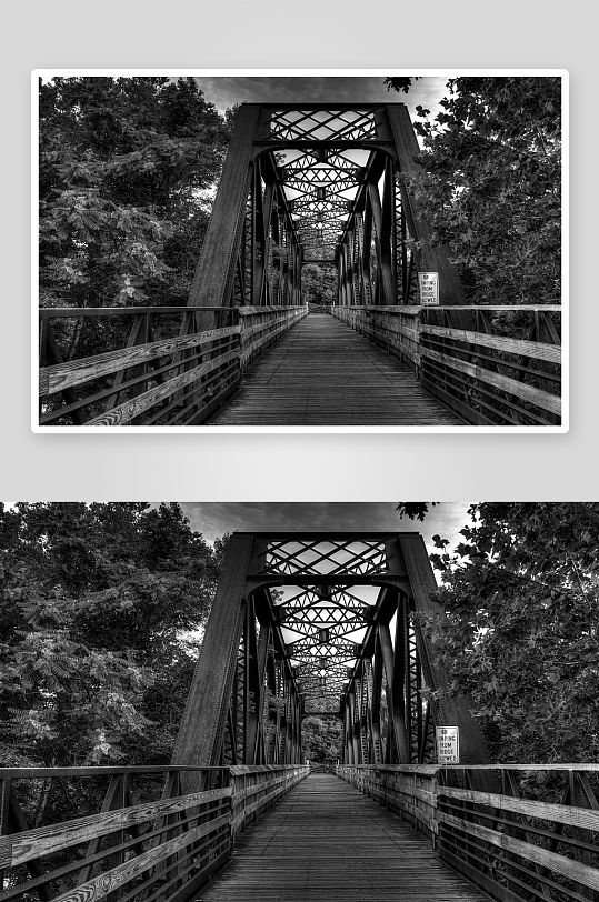 黑白钢架木桥与绿树-众图网