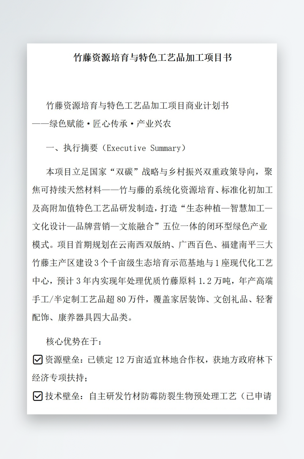 竹藤资源培育与特色工艺品加工项目书素材