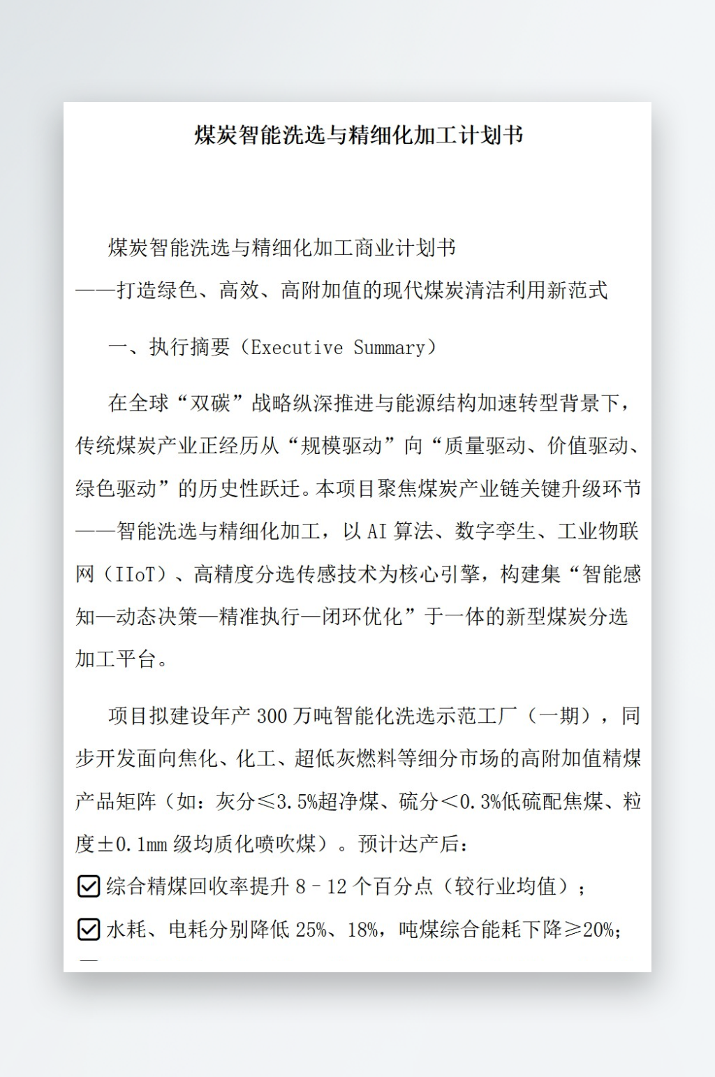 煤炭智能洗选与精细化加工计划书素材