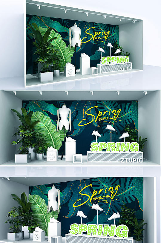 绿色绿植春季橱窗促销商业美陈设计