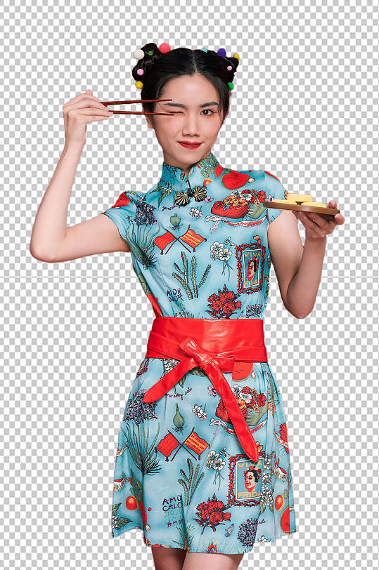 中秋节月饼国潮人物旗袍女孩png免抠元素