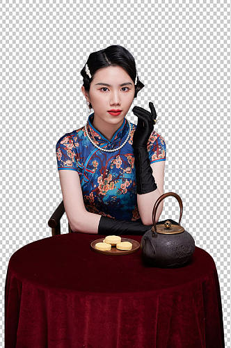 中秋节喝茶复古旗袍美女人物免抠PNG元素
