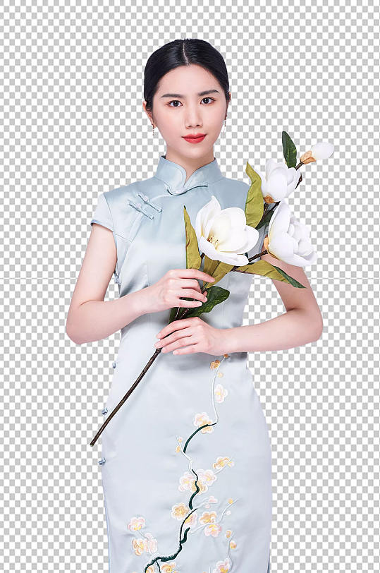 拿鲜花优雅旗袍美女人物png免抠元素