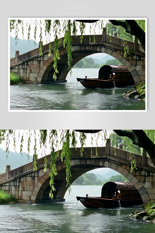 春雨拱桥小舟数字艺术AI春季春天风景视频-众图网