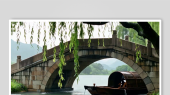 春雨拱桥小舟数字艺术AI春季春天风景-众图网