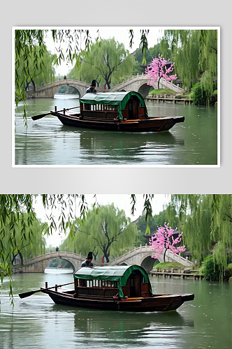 春雨拱桥小舟数字艺术AI春季春季春天风景视频