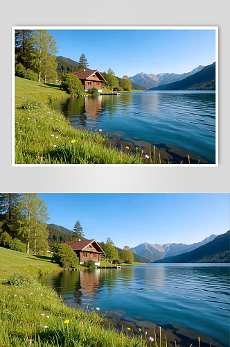 草地湖泊AI夏季风景自然风光MP4视频