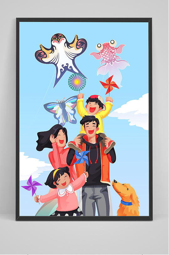 春天春季春日一家人郊游卡通插画