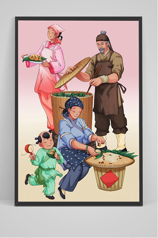 原创端午包粽子古代人物插画