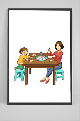 温馨家人吃饺子手绘插画