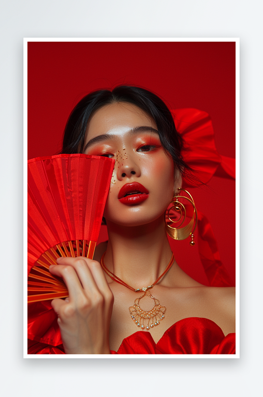 ai元旦新年红裙美女医美人物摄影图-众图网