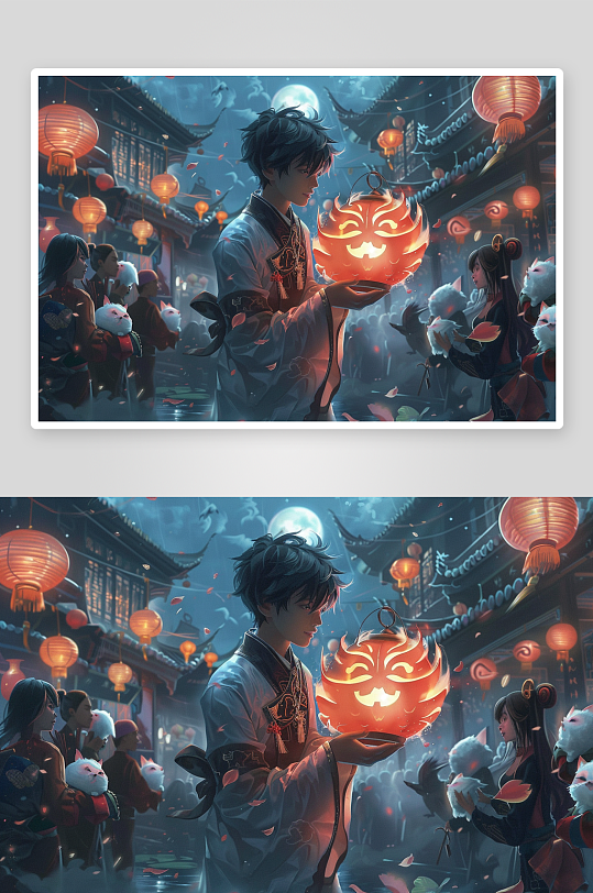 动漫中元节可爱卡通人物插画