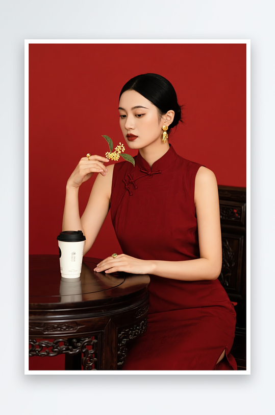 秋季古風(fēng)中國風(fēng)喝奶茶咖啡人物攝影圖