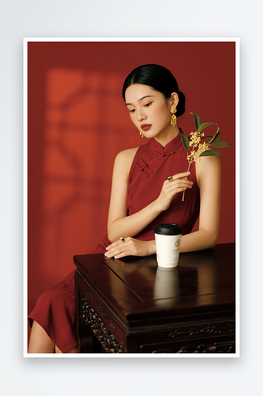 秋季古風中國風喝奶茶咖啡人物攝影圖