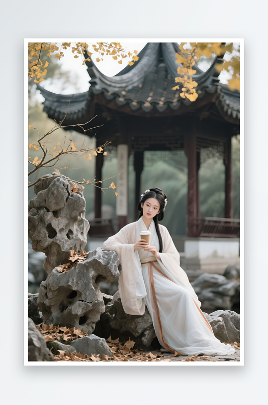 秋季古風(fēng)中國(guó)風(fēng)漢服喝奶茶咖啡人物攝影圖