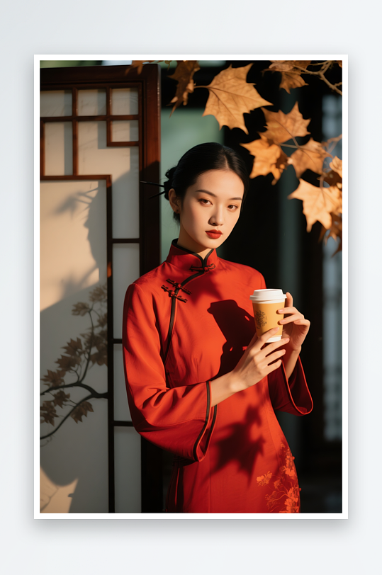 最新秋季古风中国风喝奶茶咖啡人物摄影图