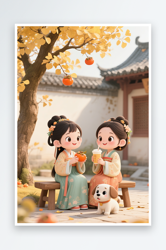 最新秋季古风中国风汉服奶茶咖啡饮品柿子插画-众图网