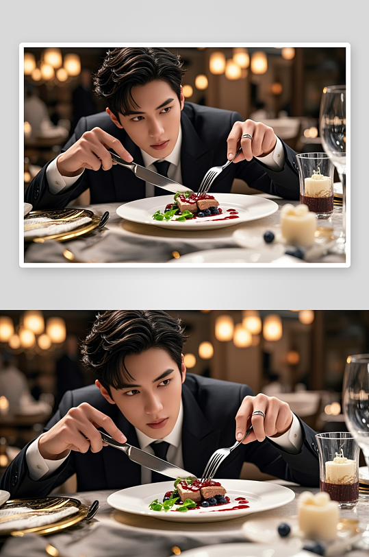 品尝西餐鹅肝美食人物摄影图