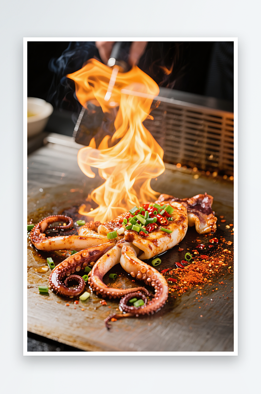 铁板烧烧烤火爆大鱿鱼美食摄影图
