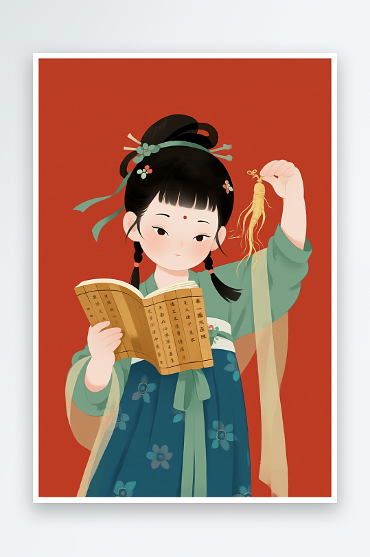 看书闻草药中医养生文化卡通人物插画-众图网