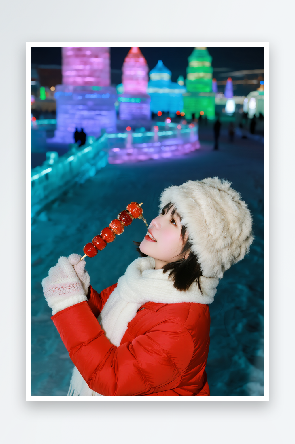 拿冰糖葫芦冬季旅游旅行雪景人物摄影图素材