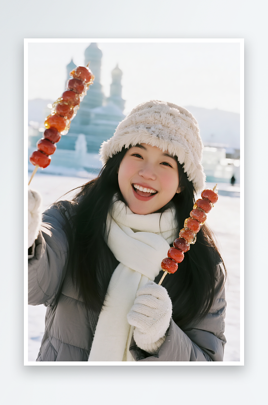 拿冰糖葫芦冬季旅游旅行雪景人物摄影图-众图网