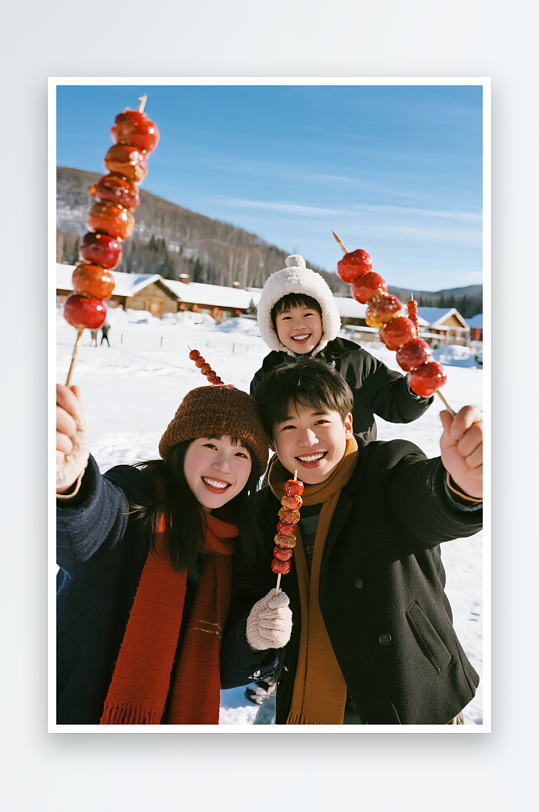 拿冰糖葫芦冬季旅游旅行雪景人物摄影图-众图网