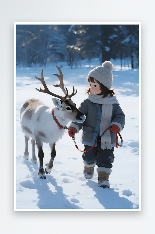 看驯鹿冬季旅游旅行雪景人物摄影图-众图网