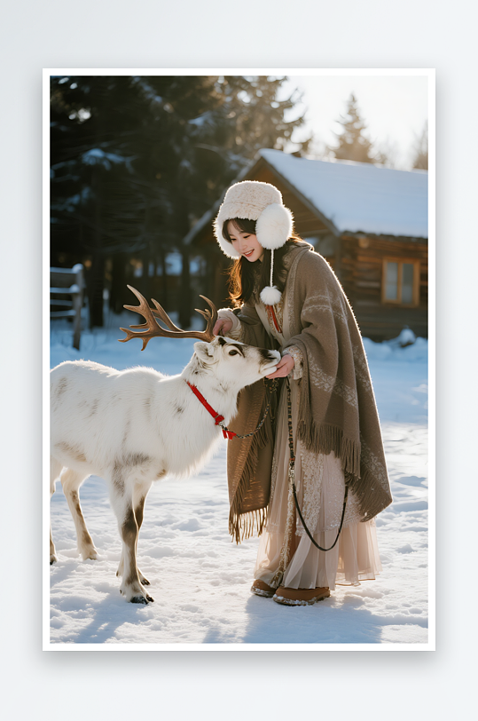 看驯鹿冬季旅游旅行雪景人物摄影图-众图网