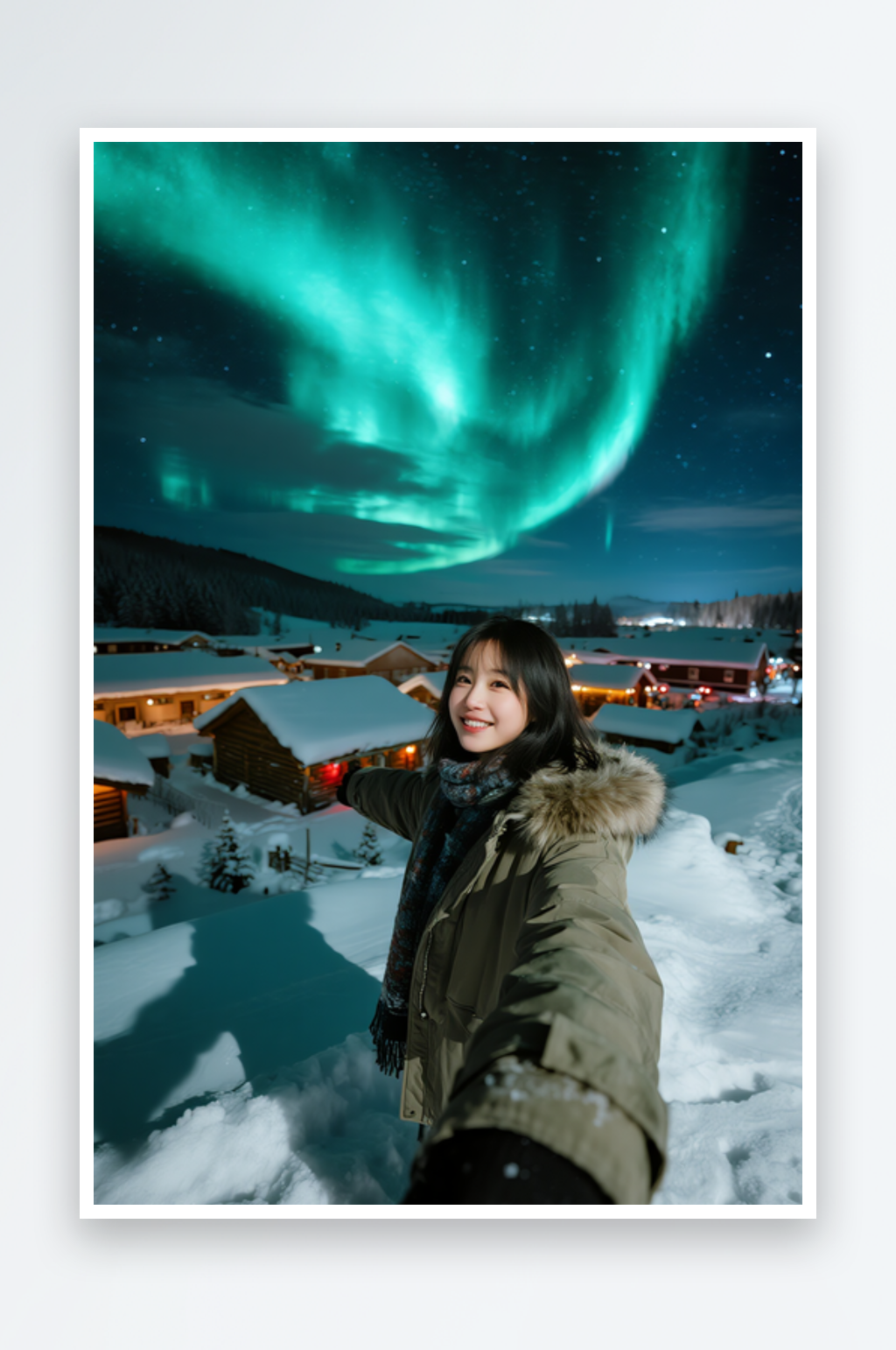 观极光冬季旅游旅行雪景人物摄影图素材