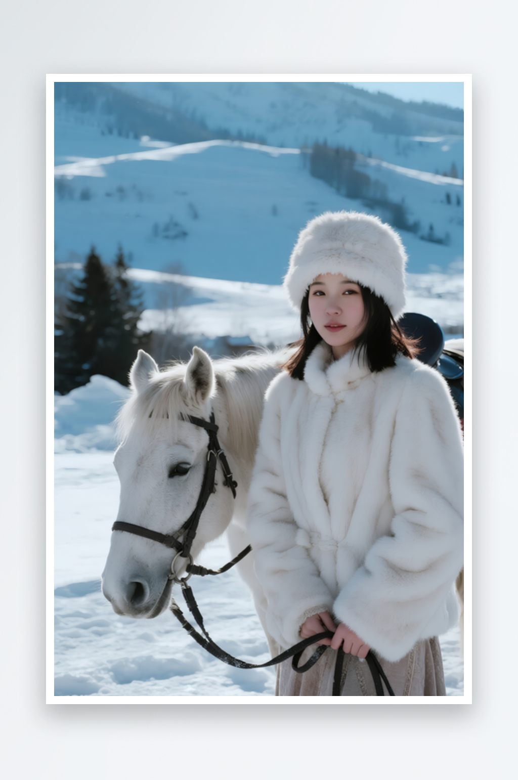 冬季旅游旅行雪景人物牵马摄影图素材