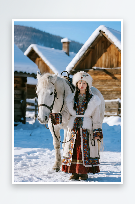 冬季旅游旅行雪景人物牵马摄影图-众图网