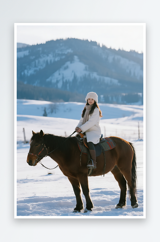 冬季旅游旅行雪景人物骑马摄影图-众图网