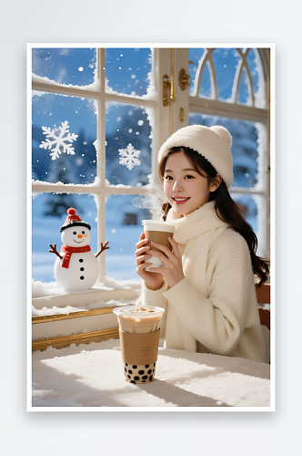 圣诞冬季奶茶咖啡饮品人物摄影图