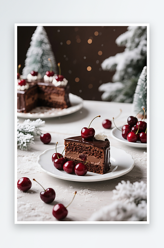 樱桃冬季圣诞节蛋糕甜品美食摄影图