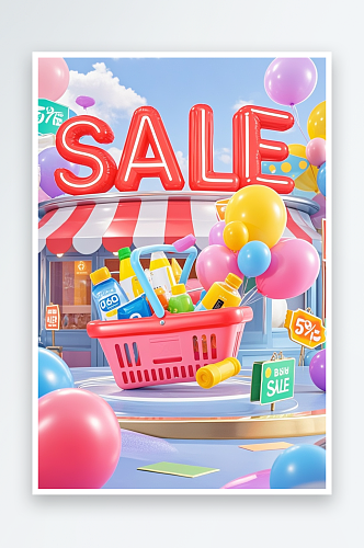 购物篮膨胀风电商购物卡通模型插画