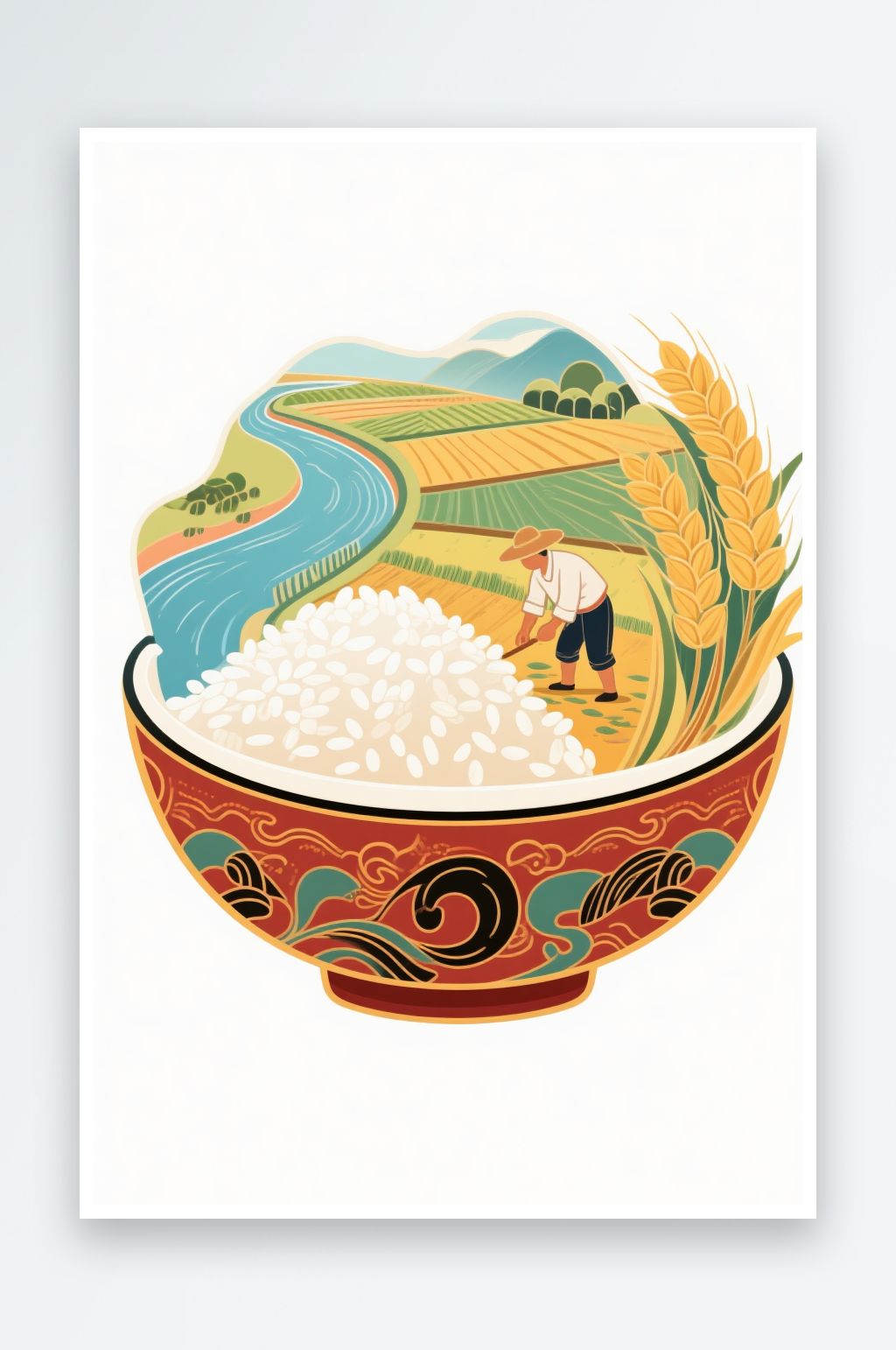 手绘大米米饭水稻粮食农民丰收节人物插画素材