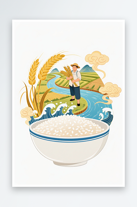 手绘大米米饭水稻粮食农民人物插画-众图网