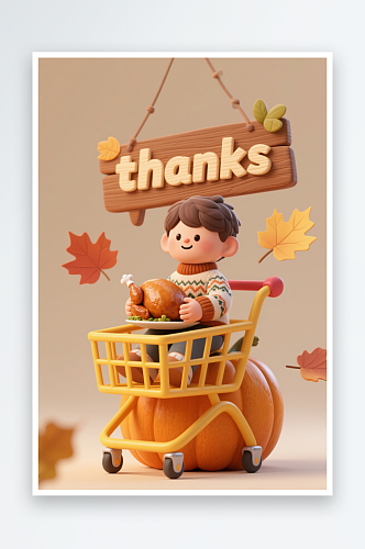 感恩节南瓜购物车人物模型插画