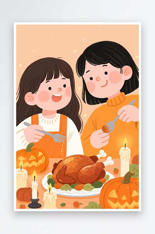 感恩节火鸡大餐美食人物插画-众图网
